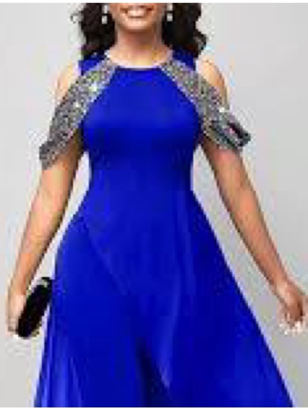 SHEIN Cobalt Blue Cold-Shoulder Jumpsuit with Beaded Shoulder Drapes